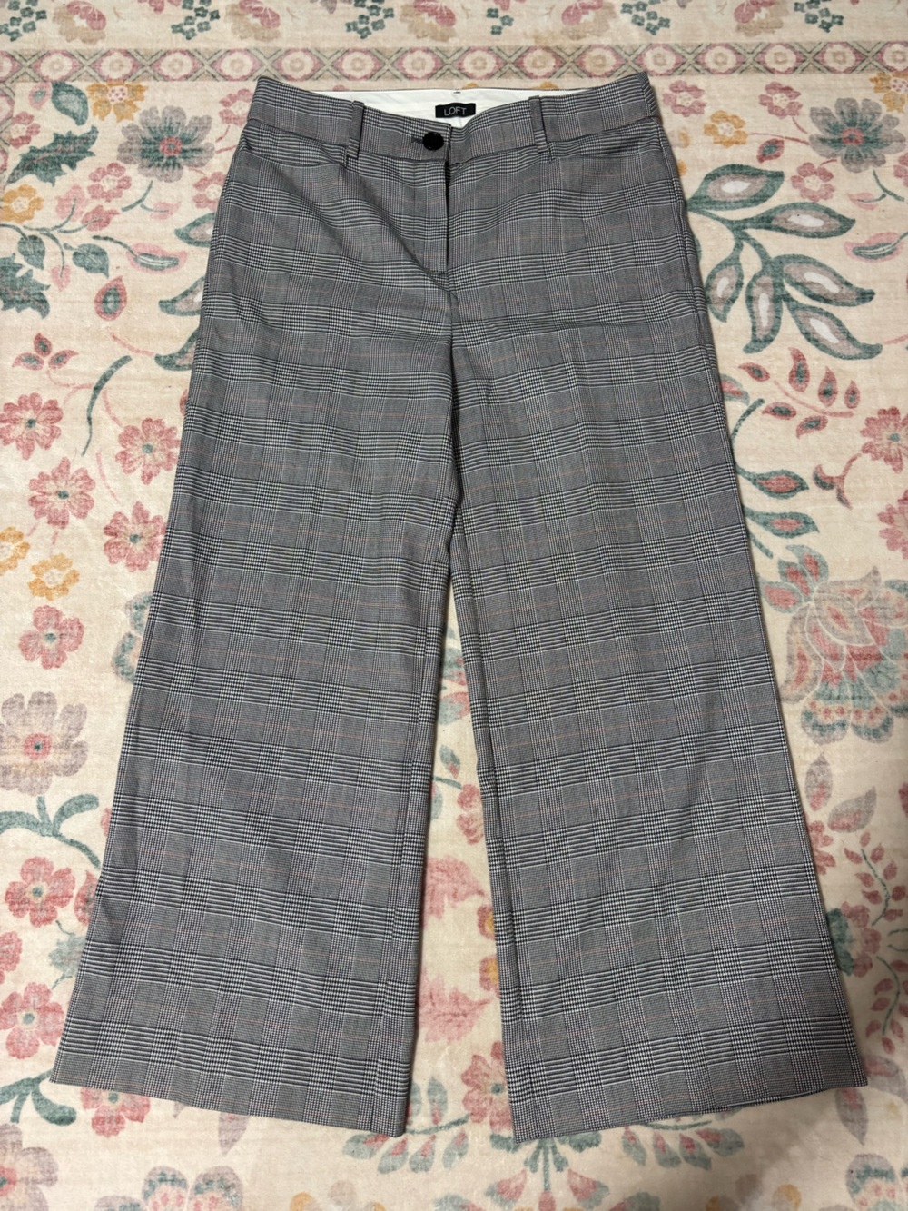 LOFT Gray Plaid High Waist Wide-Leg Trouser Pants